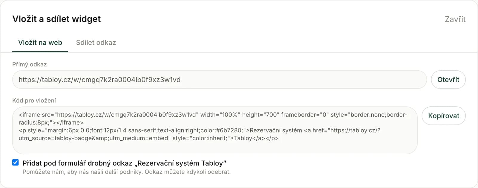 Okno Vložit a sdílet widget s přímým odkazem, kódem iframe a tlačítkem Kopírovat