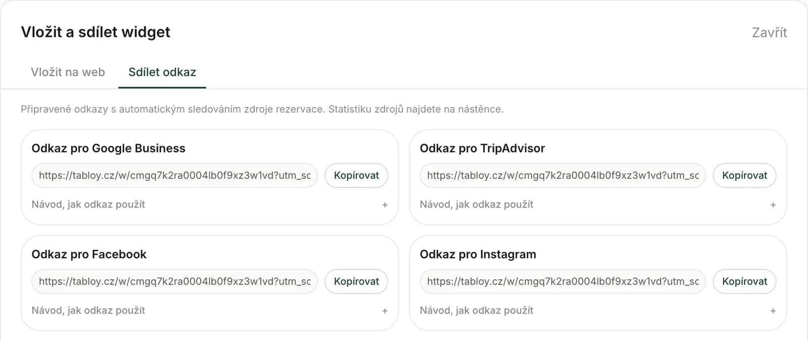 Karta Sdílet odkaz s připravenými odkazy pro Google Business, TripAdvisor, Facebook a Instagram