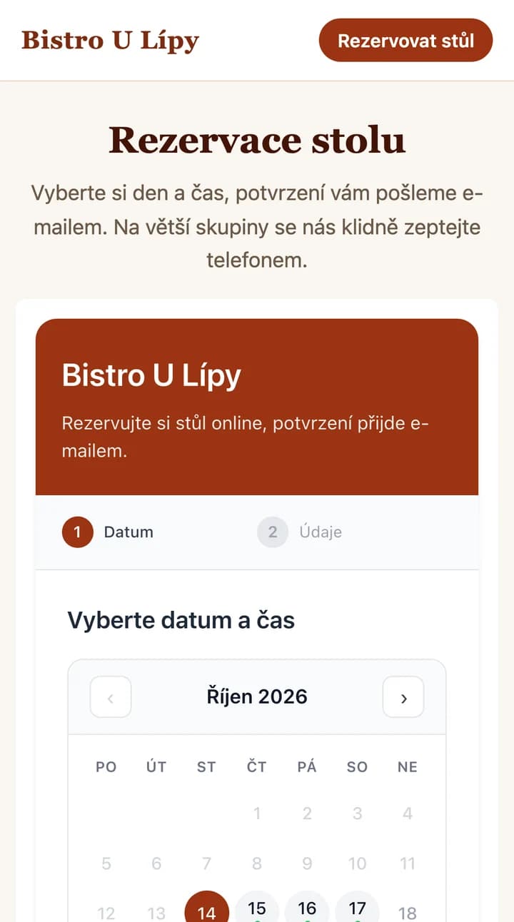 Rezervační formulář Tabloy vložený na webu ukázkového bistra, zobrazení na mobilu